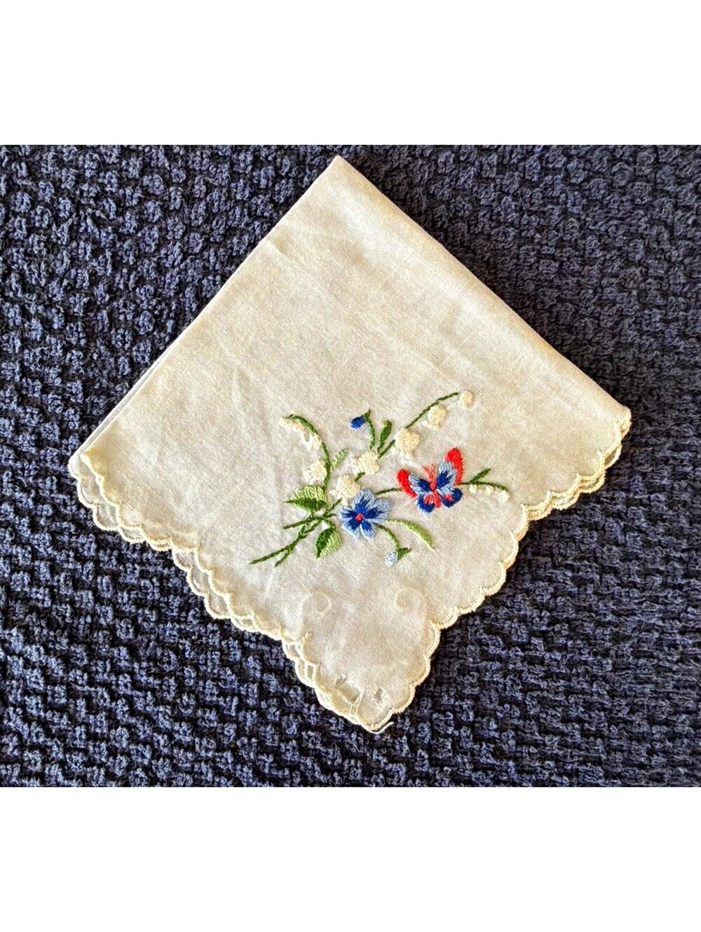White Handkerchief Butterfly, Floral Embroidery Scalloped Edge